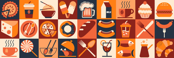 Autumn abstract food and drink pattern. Set of icons. Geometric pattern. Mosaic style. Autumn palette of colors