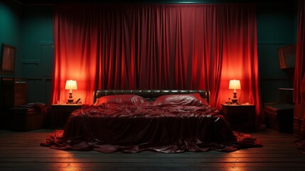 Red bedroom with dark lighting