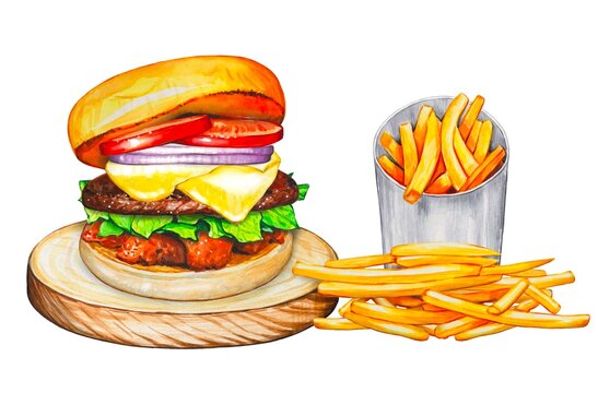 Fresh tasty burger with french fries. Watercolor illustration isolated on white background