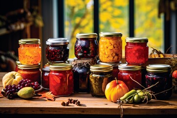 a close-up of golden-hued jars of homemade jams, jellies, and pickles, capturing the textures and colors of the preserved fruits and vegetables - Powered by Adobe