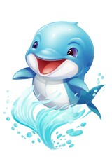 A cartoon dolphin swimming in the water. Digital image.