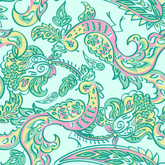 Hand drawn floral paisley and birds seamless vector pattern. Batik style fabric