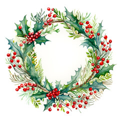 Watercolor Christmas Wreath Circle Round Banner with Fir, Mistletoe and Holy Berries and Pine Cones, Green Branches and Red Berries. Copy Space, Place for Text. Winter Autumn Wreath. Hand painted.
