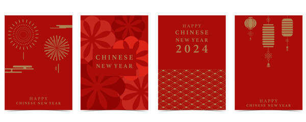 Gold red Chinese New Year background with lantern,cloud.Editable vector illustration for postcard,a4 size - obrazy, fototapety, plakaty