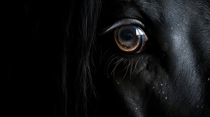 Naklejka premium Fine art, plain horse painting. Black horse looking with a talking eye