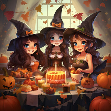 Cute witches with pumpkins lanterns and sweets celebrate Halloween. Beautiful cartoon illustration