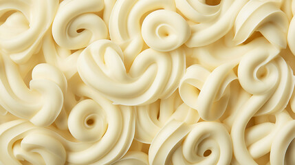 White chocolate curls background. Flat lay composition. Generative AI