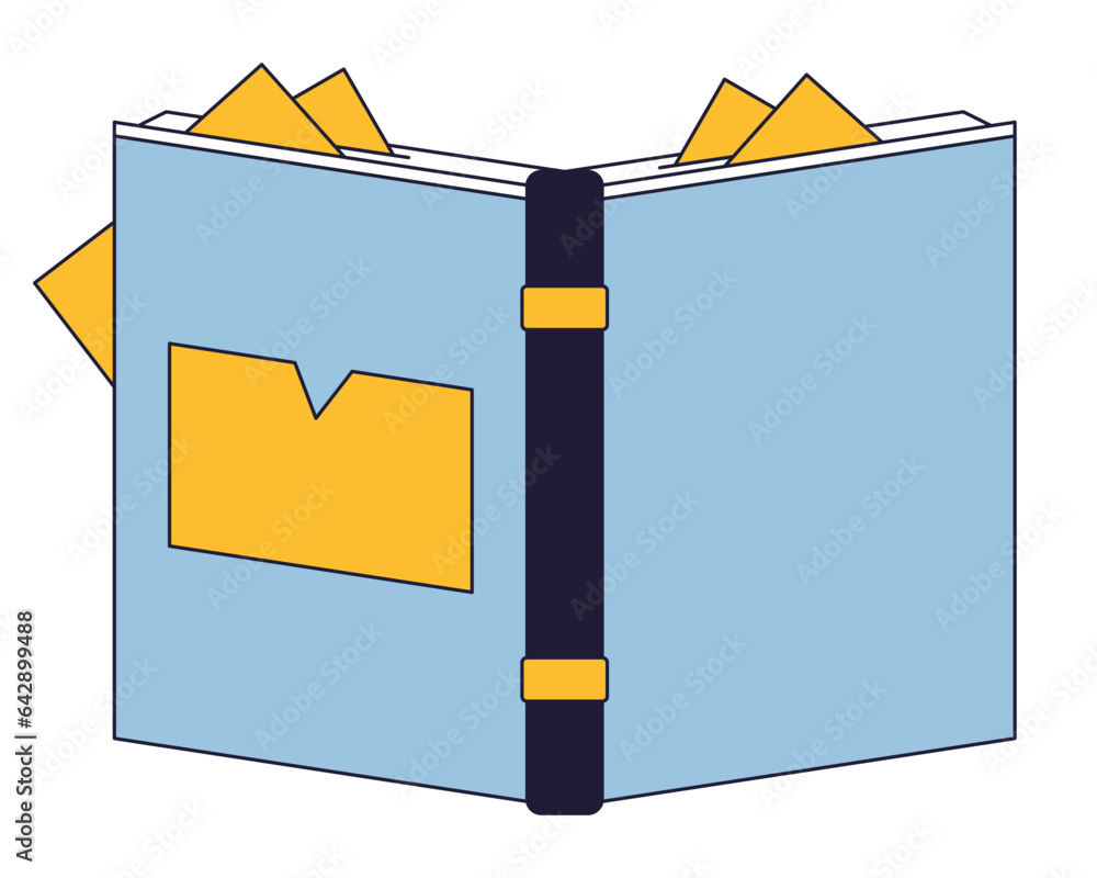 Poster opened book with bookmarks flat line color isolated vector object. reading. education. editable clip