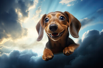 dachshund dog on blue sky background