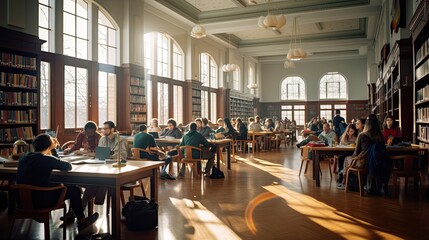 Group of students in a library - obrazy, fototapety, plakaty