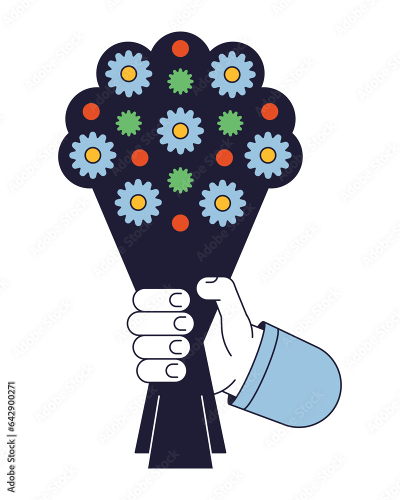 Poster flouwer bouquet in hands flat line concept vector spot illustration. decorative spring flowers. pres