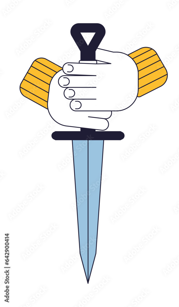 Poster holding medieval sword flat line concept vector spot illustration. sharp ancient weapon. knight dagg