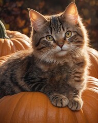 Naklejka na ściany i meble A cute cat is sitting in the hallowing photo set in warm autumn colors with a pumpkin in pumpkin garden