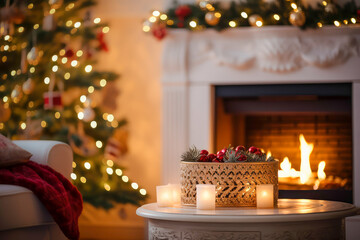 A beautifully decorated living room with a litfireplace, Chrismas theme.