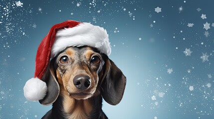 Happy dachshund in santa claus hat on christmas holiday time. Digital art on blue background.
