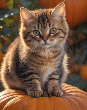 A cute cat is sitting in the hallowing photo set in warm autumn colors with a pumpkin in pumpkin garden