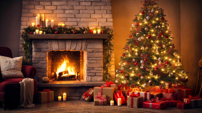 A beautifully decorated living room with a litfireplace, Chrismas theme.