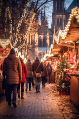 Christmas markets  with colorful stalls, twinkling lights.