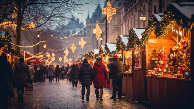 Christmas markets  with colorful stalls, twinkling lights.