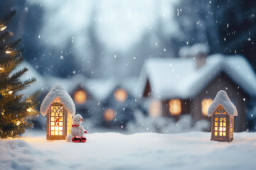 Snow covered landscapes, cozy cabins, and serene winter scenes associated with Christmas.