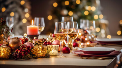 Christmas meal, holiday table set for a feast, complete with elegant dishes, candles, and seasonal decorations.