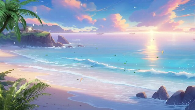 beautiful view of sunset or sunrise on the beach. Cartoon or anime illustration style