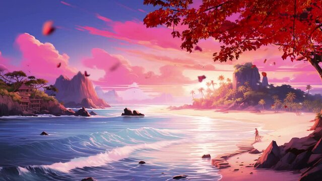 beautiful view of sunset on the beach. Cartoon or anime illustration style