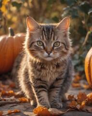 Naklejka na ściany i meble A cute cat is sitting in the hallowing photo set in warm autumn colors with a pumpkin in pumpkin garden