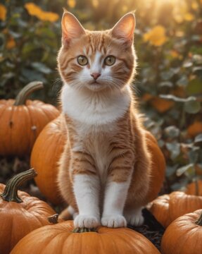 A cute cat is sitting in the pumpkin garden photo set in warm autumn colors with a pumpkin