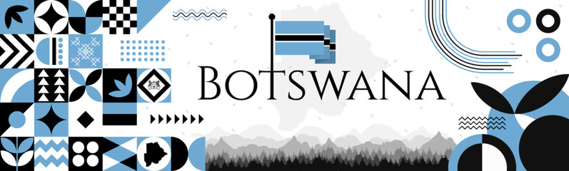 The Botswana Independence Day abstract banner design with flag and map. Flag color theme geometric pattern retro modern Illustration design. Sky blue and black color template. © Hadducc