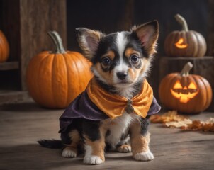 A cute dog wearing a wizard costume is sitting in the hallowing photo set in warm autumn colors with a glowing pumpkin.