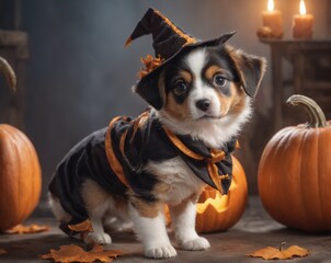 A cute dog wearing a wizard costume is sitting in the hallowing photo set in warm autumn colors with a glowing pumpkin.