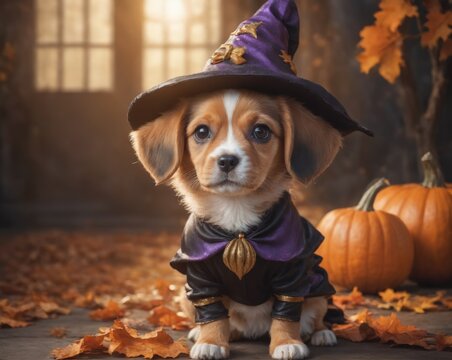 A cute dog wearing a wizard costume is sitting in the hallowing photo set in warm autumn colors with a glowing pumpkin.