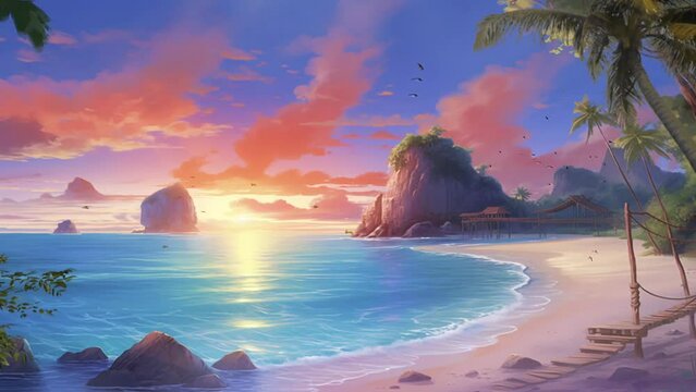 beautiful view of sunset or sunrise on the beach. Cartoon or anime illustration style