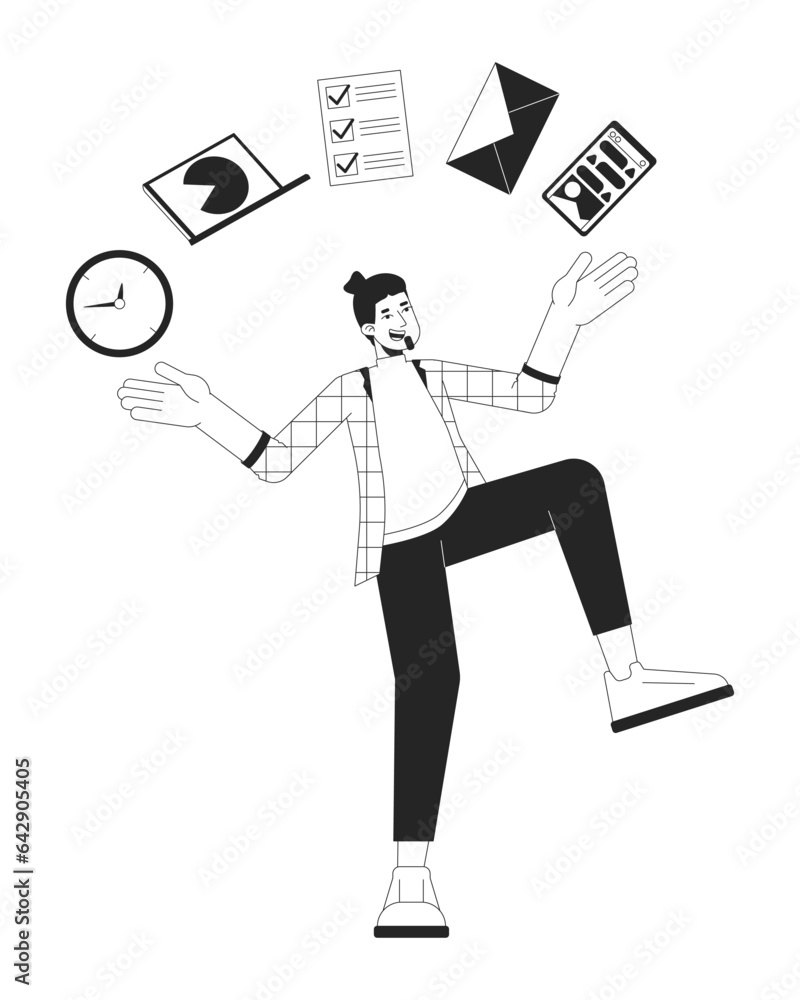Poster man juggling of tasks bw concept vector spot illustration. man balancing on one leg 2d cartoon flat 