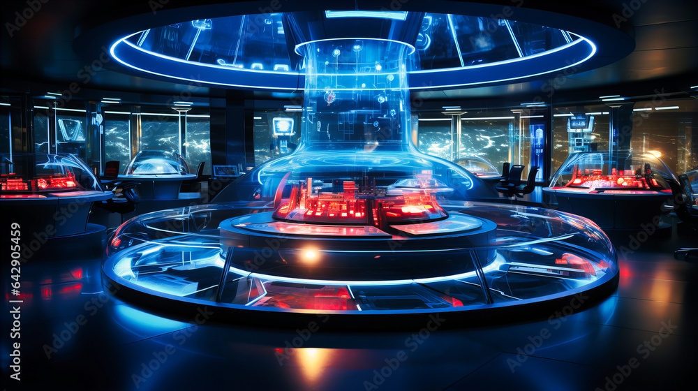 Poster office space resembling a sci-fi spaceship with control panels and holograms.
