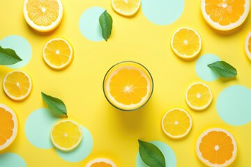 Flat lay, top view composition made from lemons lemon juice and green leaves on pastel yellow background.