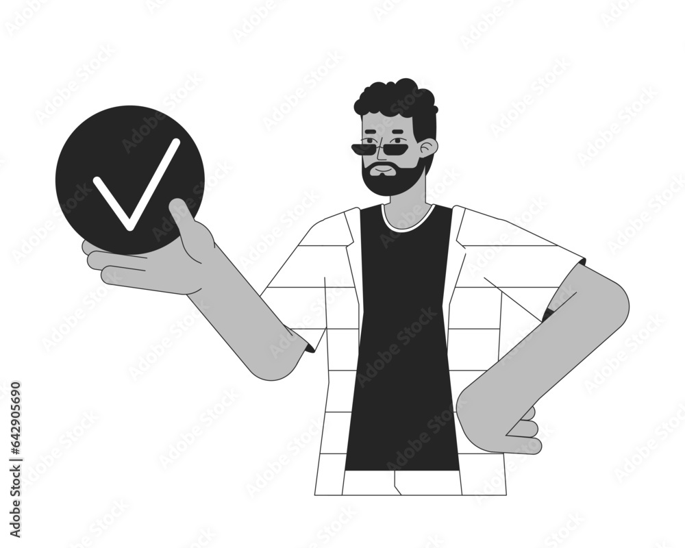 Poster man holding bullet point with tick bw concept vector spot illustration. completed task 2d cartoon fl