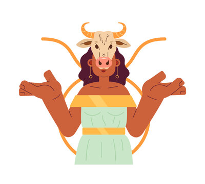 Taurus zodiac sign flat concept vector spot illustration. Woman with cow skull on head 2D cartoon character on white for web UI design. Astrology isolated editable creative hero image