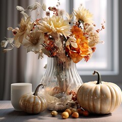 flowers and pumpkins in a glass vase on a table with candles, candle holders and other fall decor items