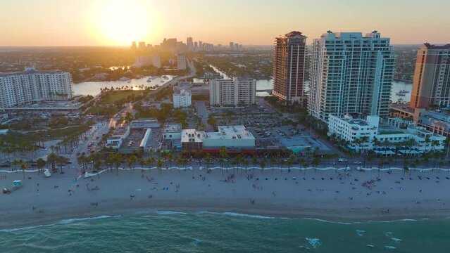 Aerial view of Fort Lauderdale city with sandy Las Olas Beach in front of high luxury hotels and condos. High angle view of tourist infrastructure in southern Florida, USA