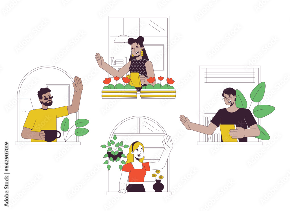 Aufkleber diverse neighbors greeting flat line concept vector spot illustration. communicative people. friendl
