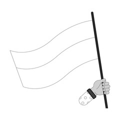 Holding flag flat monochrome isolated vector hand. Flag blows away in wind. Editable black and white line art drawing. Simple outline spot illustration for web graphic design