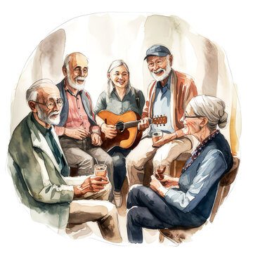 Joyful small group of seniors laughing, singing a happy song in a retirement nursing home.