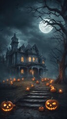 Hallowing background with copy space, a haunted house, bats pumpkins full moon and a graveyard