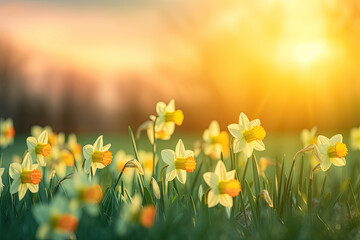 Beautiful Panoramic Spring Nature background with Daffodil Flowers