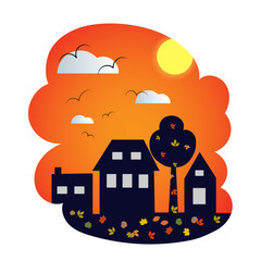 postcard, flat illustration autumn in the city