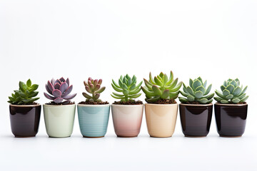 Succulents in pots on a white background