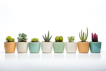 Succulents in pots on a white background