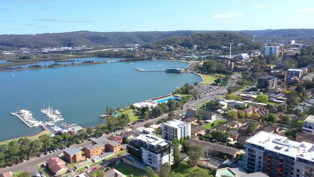 Aerial drone view of Gosford above Point Frederick on the Brisbane Water of Central Coast, New South Wales, Australia on a sunny day